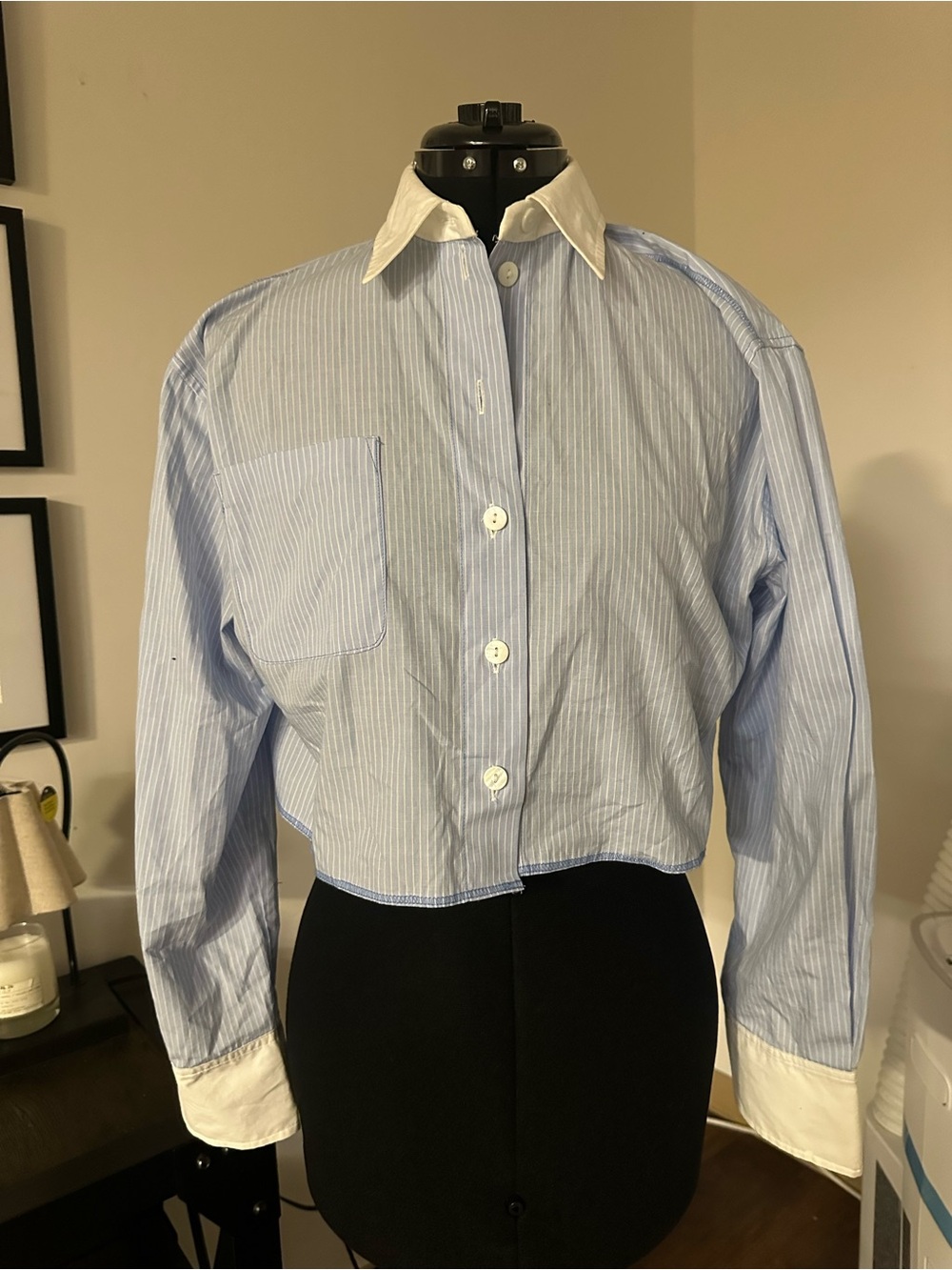 Mango- Cropped Blue Pinstripe Button-Up Shirt with White Collar